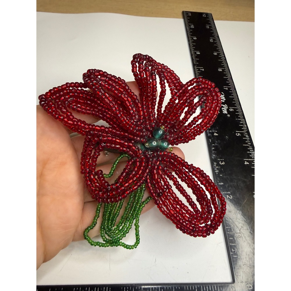 Handmade Red Seed Bead Flower Brooch Large Green Stem Floral Statement Pin
